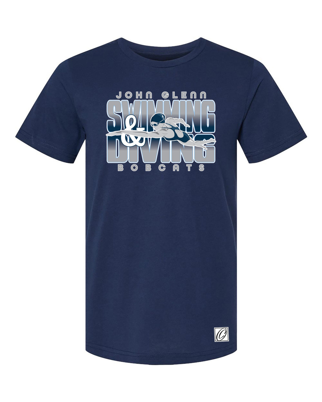 Adult - John Glenn Bobcats - Swimming & Diving - Gradient Text with Female Swimmer - Bella Canvas Heather CVC Crewneck Short Sleeve Tee
