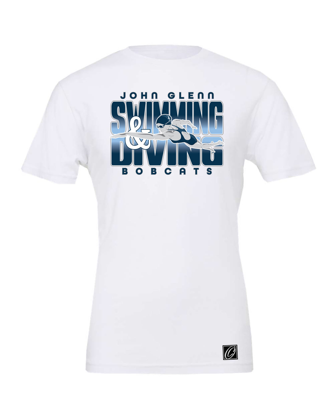 Adult - John Glenn Bobcats - Swimming & Diving - Gradient Text with Female Swimmer - Bella Canvas Heather CVC Crewneck Short Sleeve Tee