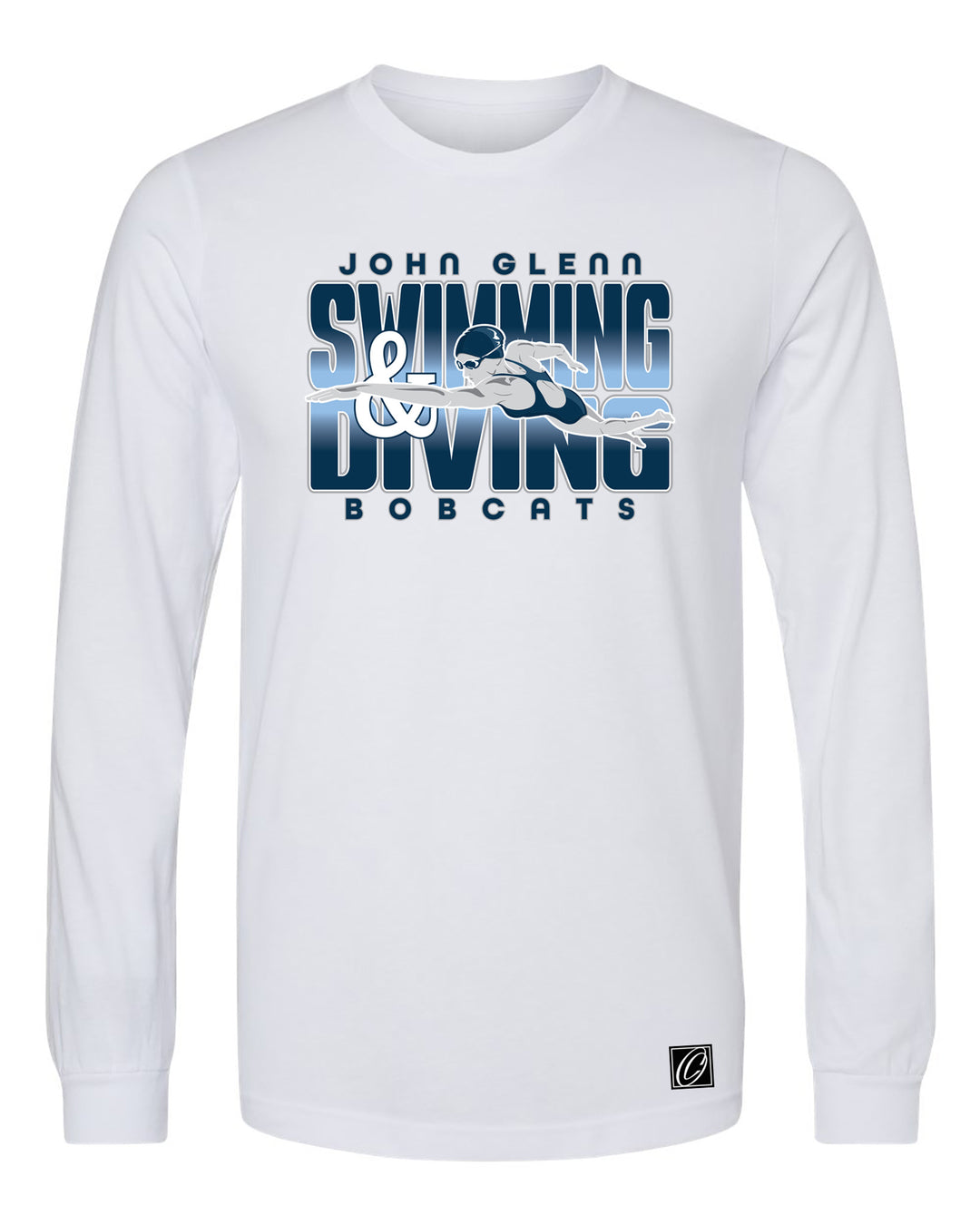 Adult - John Glenn Bobcats - Swimming & Diving - Gradient Text with Female Swimmer - Bella Canvas Heather CVC Crewneck Long Sleeve Tee