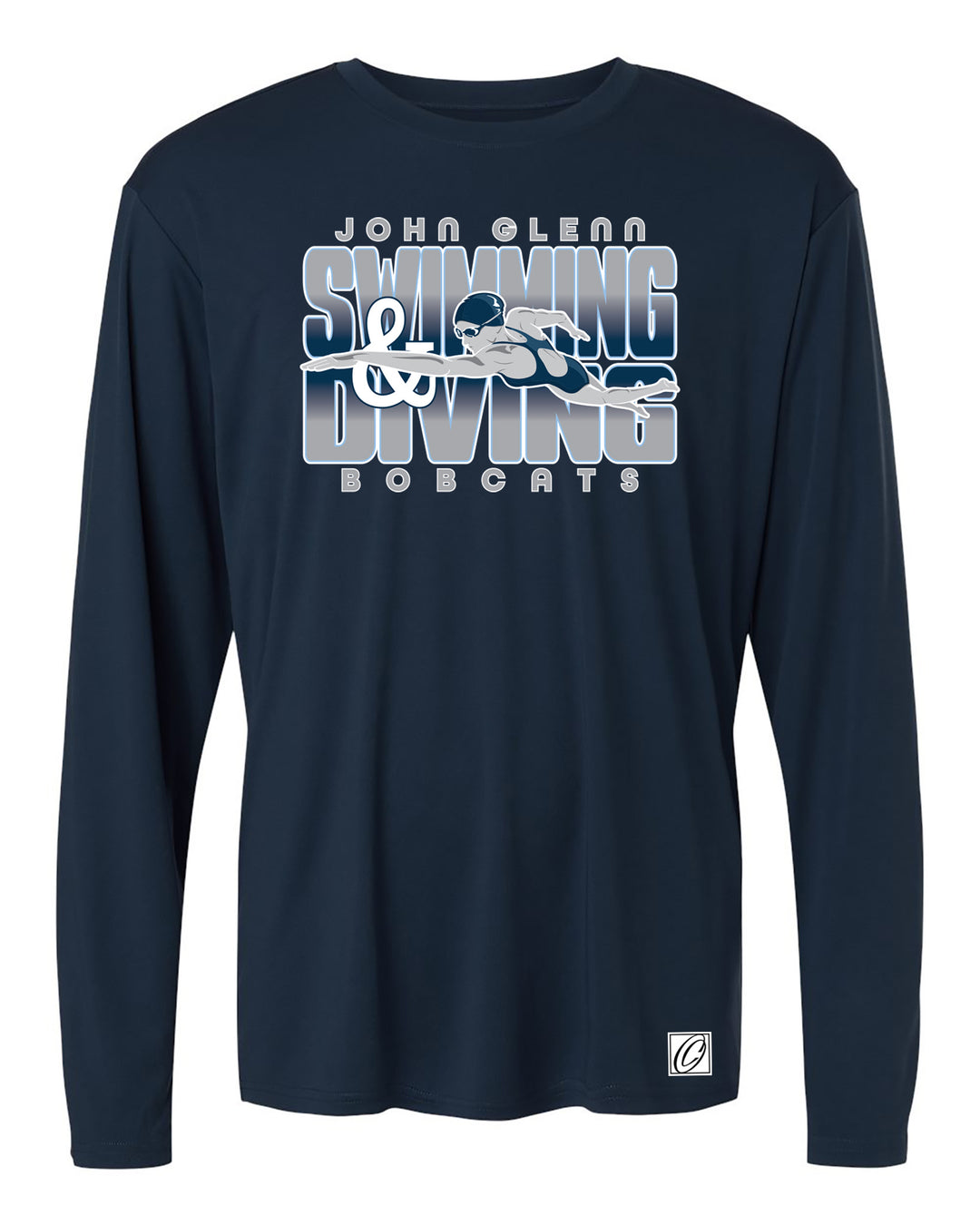 Adult - John Glenn Bobcats - Swimming & Diving - Gradient Text with Female Swimmer - AllPro Pro-Lock Performance Long Sleeve Tee
