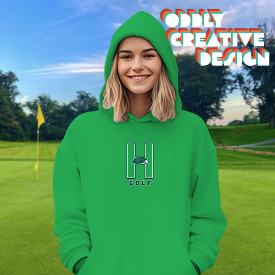 Heritage Hawks - Golf - Outlined Letters Over Golf with Mascot