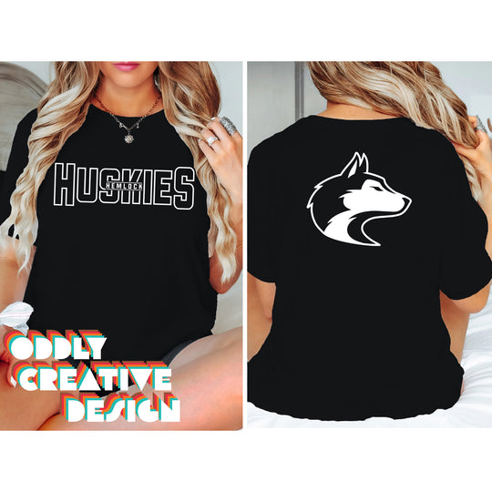 Hemlock Huskies - Spirit Wear - Black & White - Mascot Name with Back Mascot