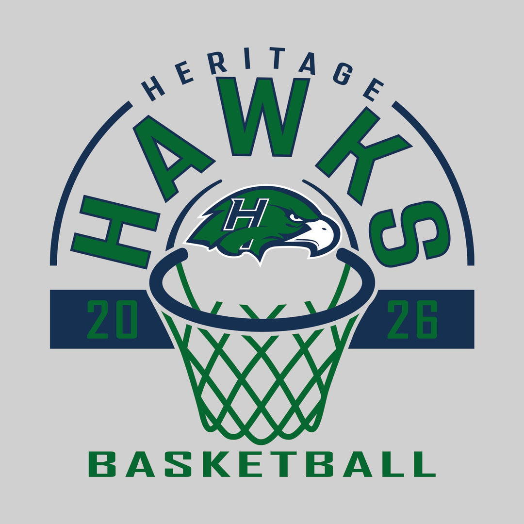 Heritage Hawks - Basketball - Arched Text with Center Mascot and Rim