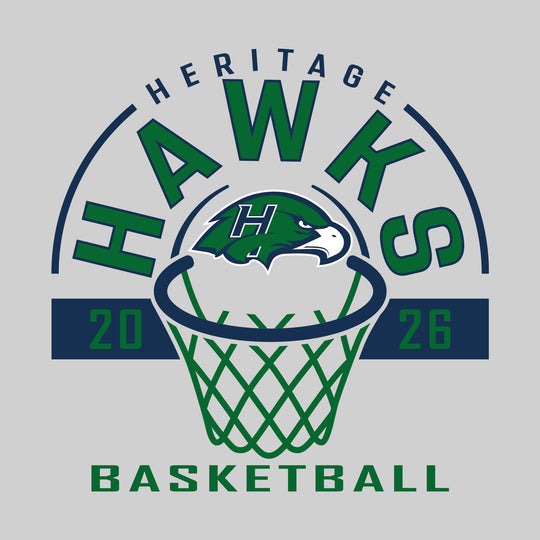 Heritage Hawks - Basketball - Arched Text with Center Mascot and Rim
