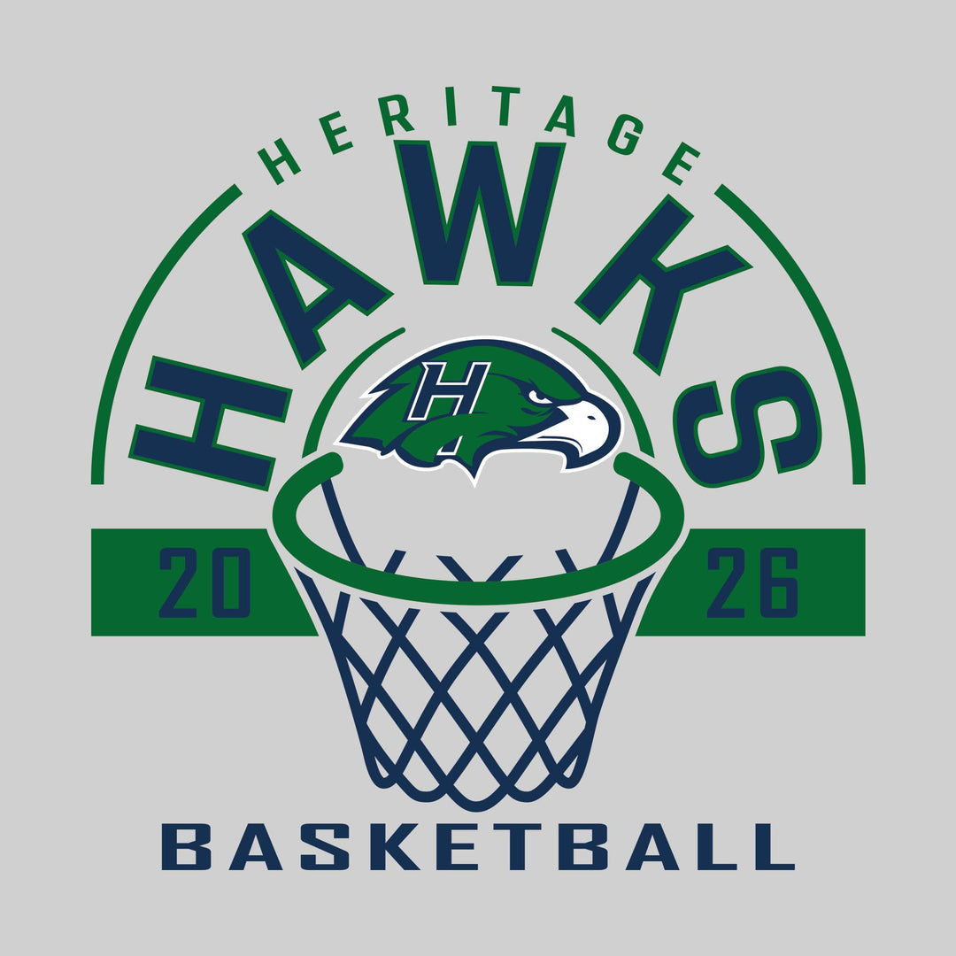 Heritage Hawks - Basketball - Arched Text with Center Mascot and Rim