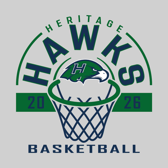 Heritage Hawks - Basketball - Arched Text with Center Mascot and Rim