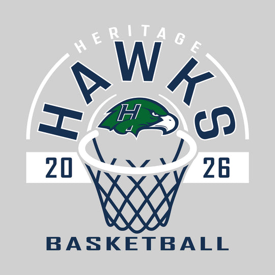 Heritage Hawks - Basketball - Arched Text with Center Mascot and Rim