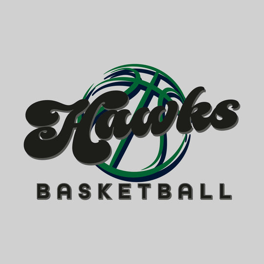Heritage Hawks - Basketball - Retro Hawks Text with Abstract Basketball Outline