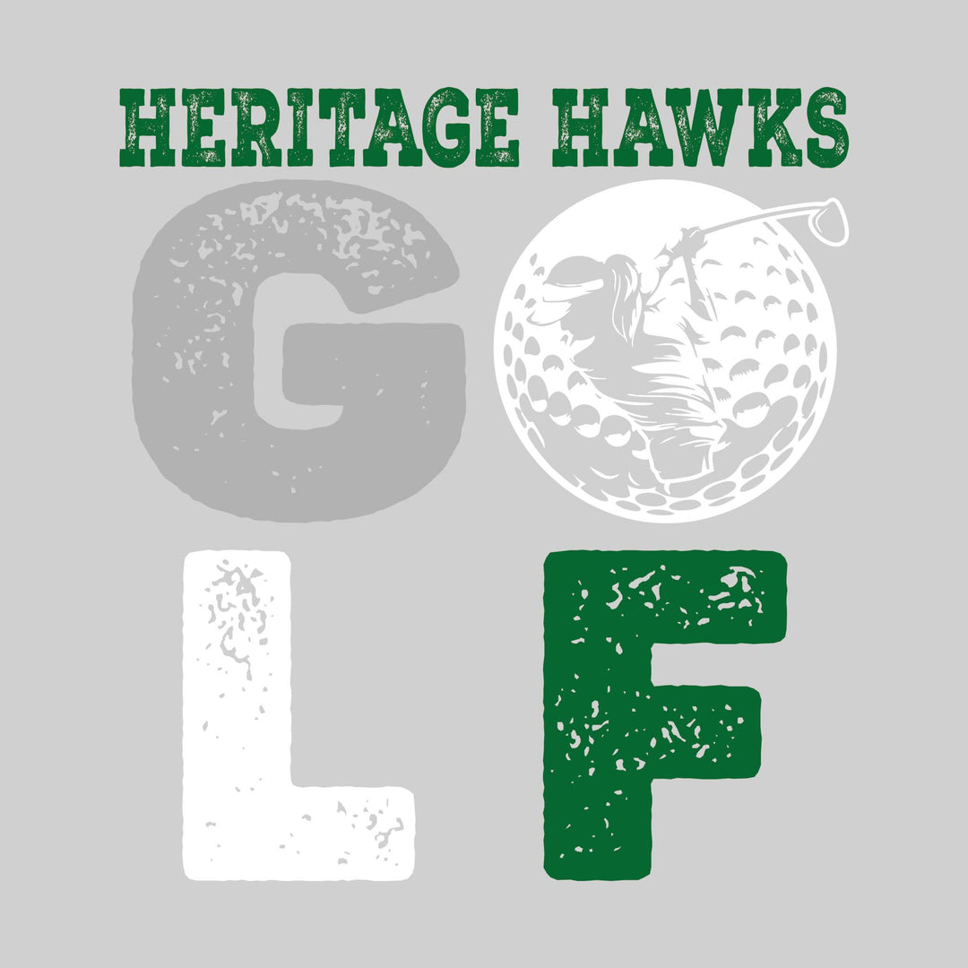 Heritage Hawks - Golf - Distressed Text with Female Golfer Silhouette in Golf Ball