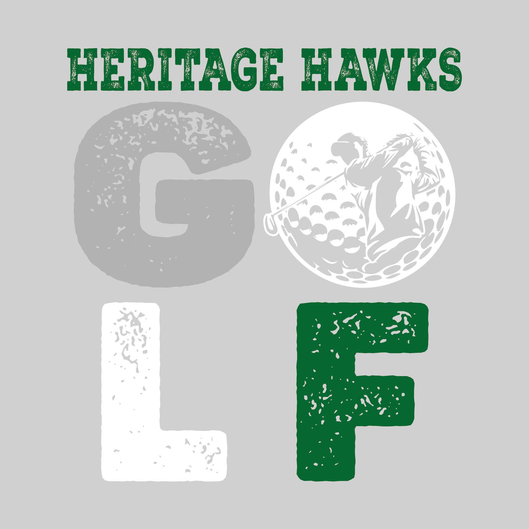 Heritage Hawks - Golf - Distressed Text with Male Golfer Silhouette in Golf Ball