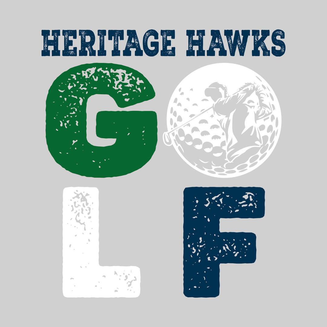 Heritage Hawks - Golf - Distressed Text with Male Golfer Silhouette in Golf Ball