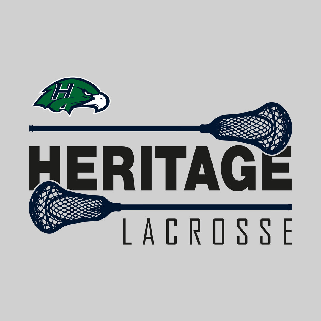 Heritage Hawks - Lacrosse - School Name Bracketed by Lacrosse Sticks with Mascot