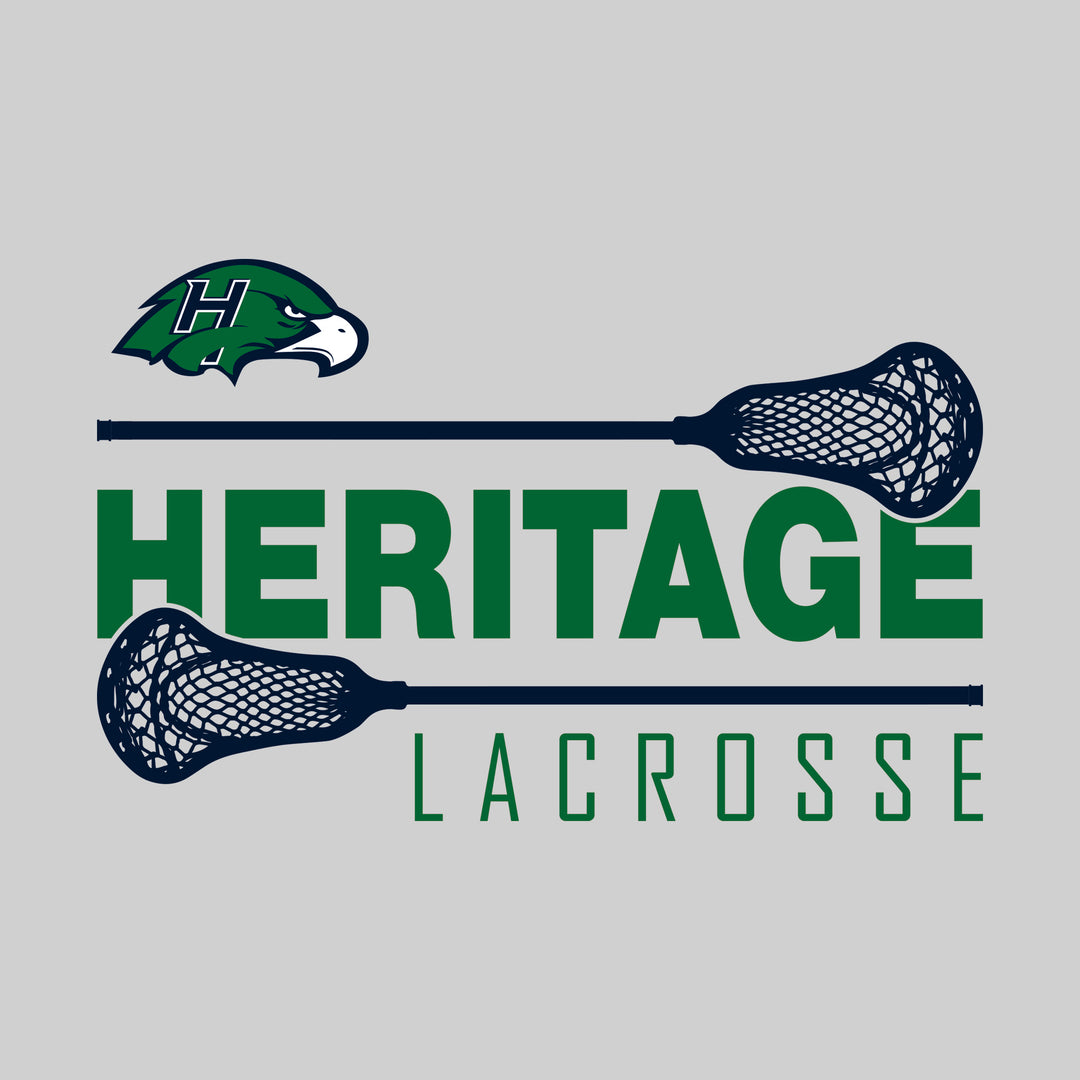 Heritage Hawks - Lacrosse - School Name Bracketed by Lacrosse Sticks with Mascot