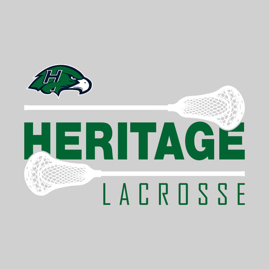 Heritage Hawks - Lacrosse - School Name Bracketed by Lacrosse Sticks with Mascot