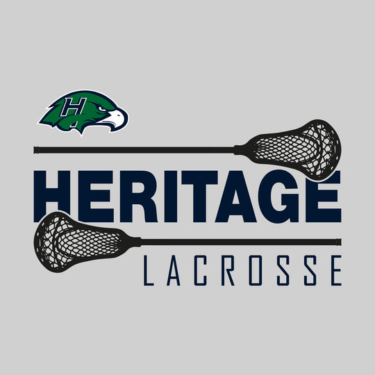 Heritage Hawks - Lacrosse - School Name Bracketed by Lacrosse Sticks with Mascot