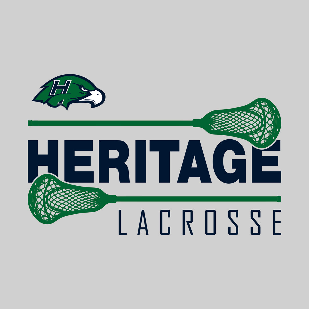 Heritage Hawks - Lacrosse - School Name Bracketed by Lacrosse Sticks with Mascot