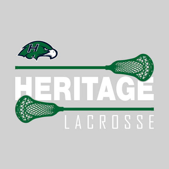 Heritage Hawks - Lacrosse - School Name Bracketed by Lacrosse Sticks with Mascot