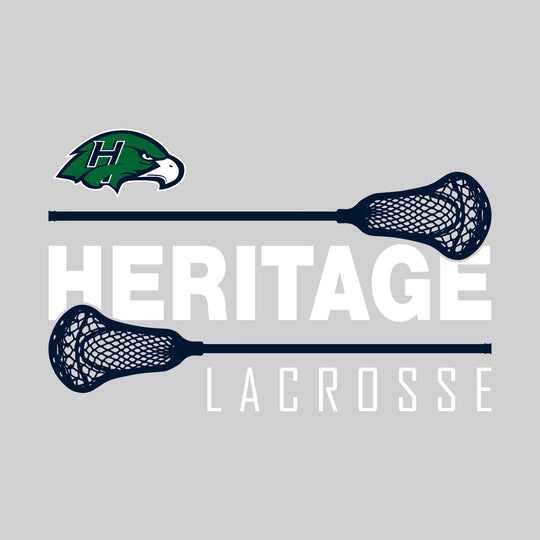 Heritage Hawks - Lacrosse - School Name Bracketed by Lacrosse Sticks with Mascot