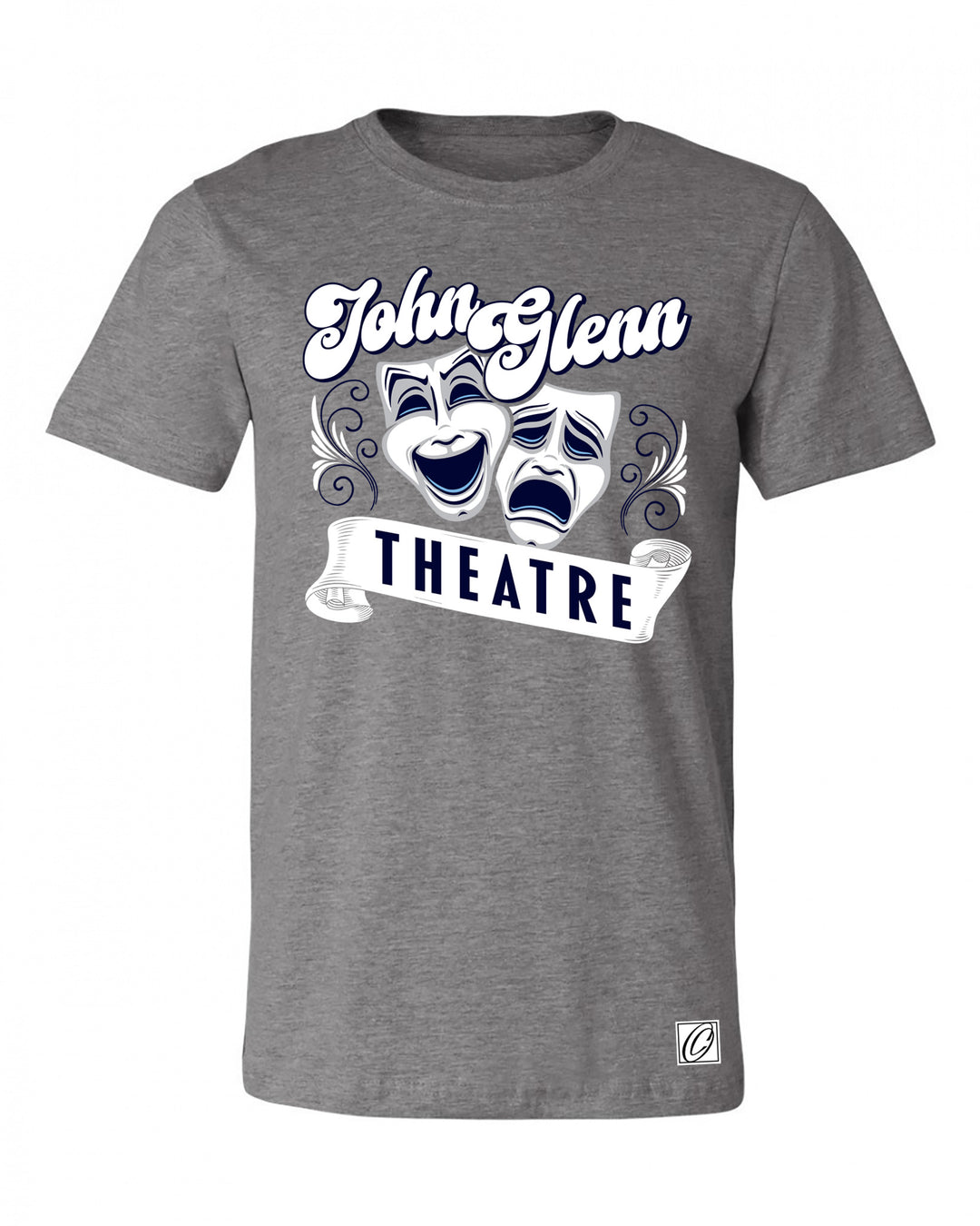 John Glenn Bobcats - Theatre - Drama Masks with Banner - Bella Canvas Heather CVC Crewneck Short Sleeve Tee