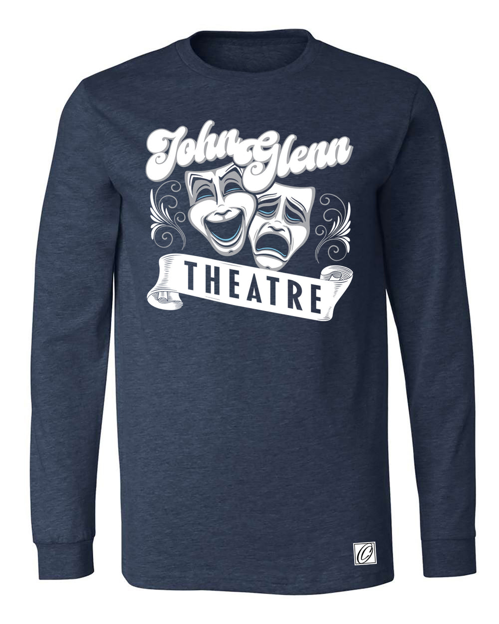 John Glenn Bobcats - Theatre - Drama Masks with Banner - Bella Canvas Heather CVC Crewneck Long Sleeve Tee