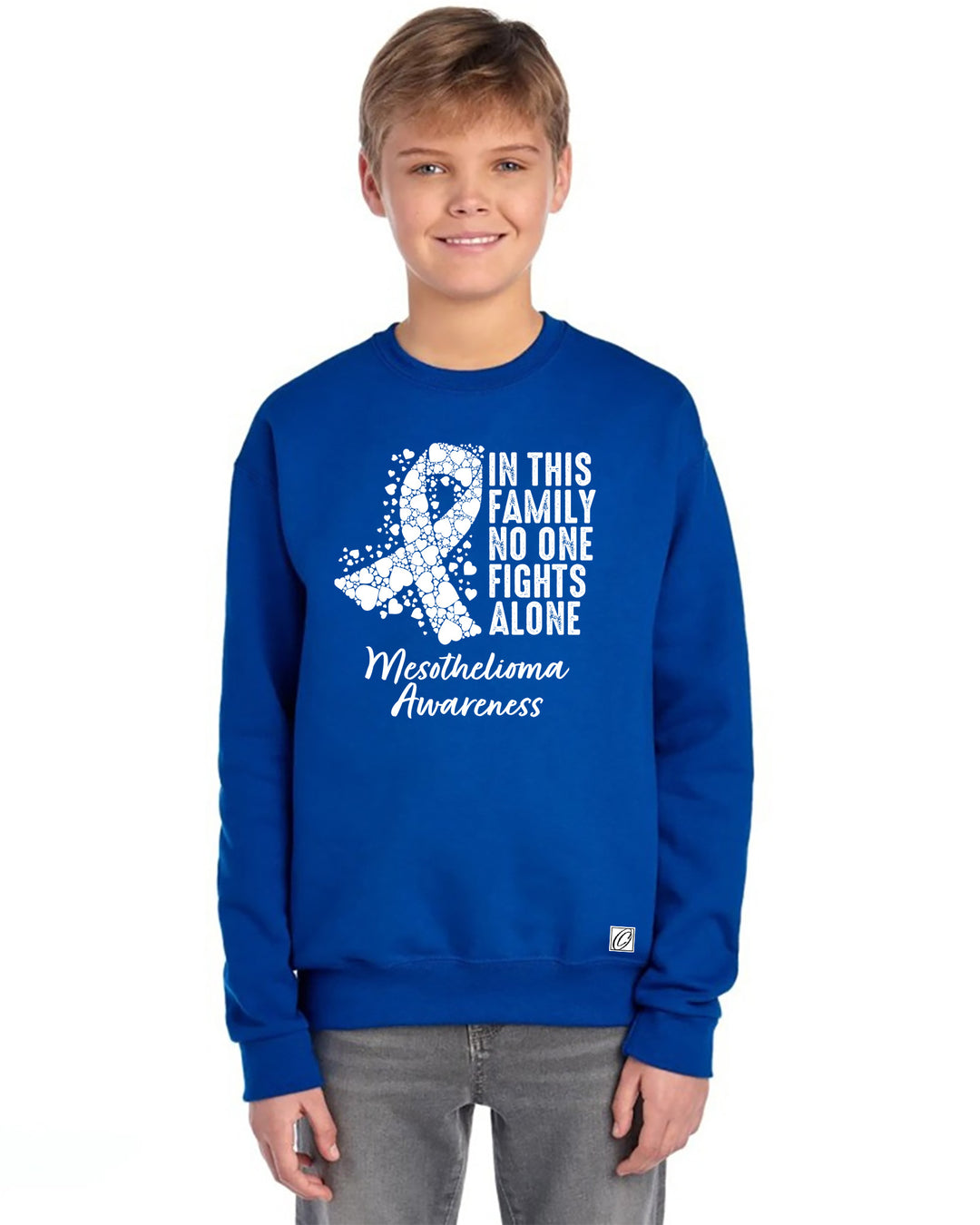 JERZEES - Youth - NuBlend® Crewneck Sweatshirt - Mesothelioma Awareness - In This Family No One Fights Alone