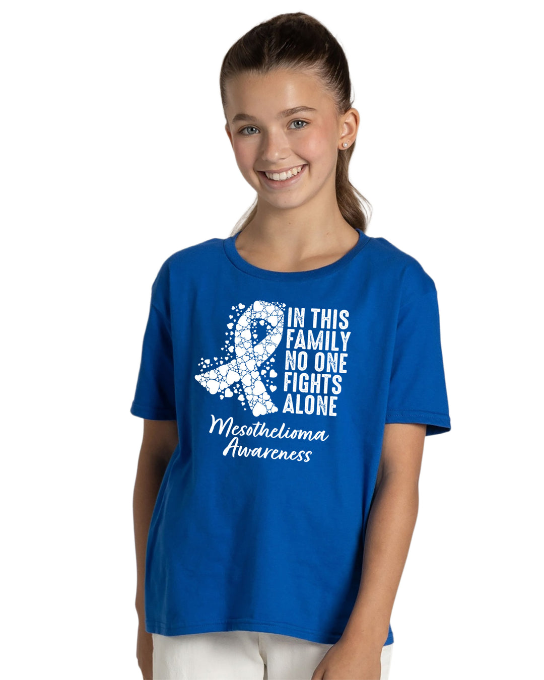 JERZEES - Youth - Ultimate™ Ring-⁠Spun Short Sleeve Tee - Mesothelioma Awareness - In This Family No One Fights Alone