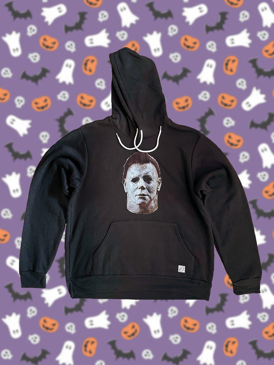 Adult L Bella Canvas Midweight Sponge Fleece Pullover Hoodie - Michael Myers Mask with Name and Number