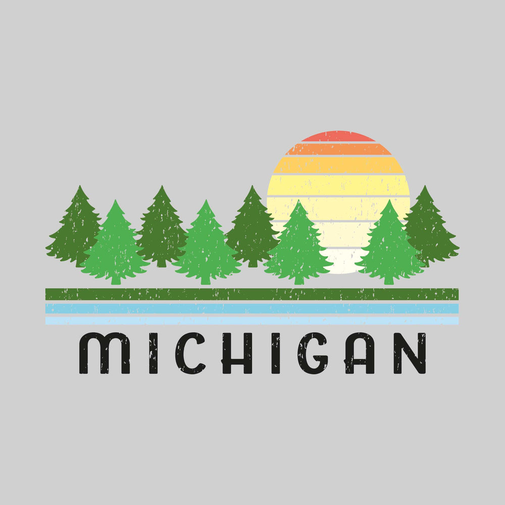 Michigan - Retro Sunset with Woods - Distressed