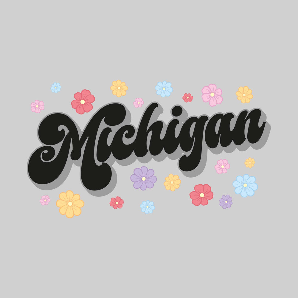 Michigan - Retro Text with Flowers