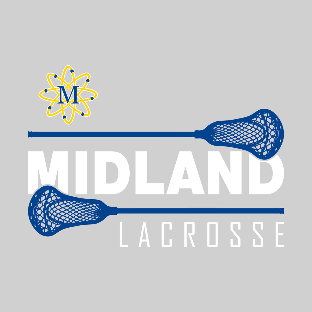 Midland Chemics - Lacrosse - School Name Bracketed by Lacrosse Sticks with Mascot