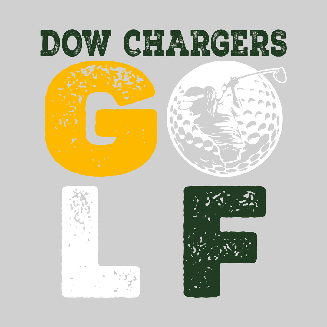 Midland Dow Chargers - Golf - Distressed Stacked Text with Female Golfer Silhouette in Golf Ball