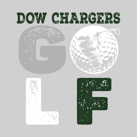 Midland Dow Chargers - Golf - Distressed Stacked Text with Female Golfer Silhouette in Golf Ball