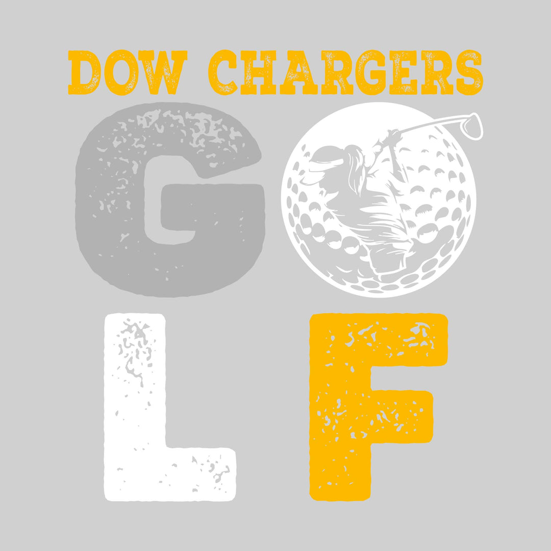 Midland Dow Chargers - Golf - Distressed Stacked Text with Female Golfer Silhouette in Golf Ball