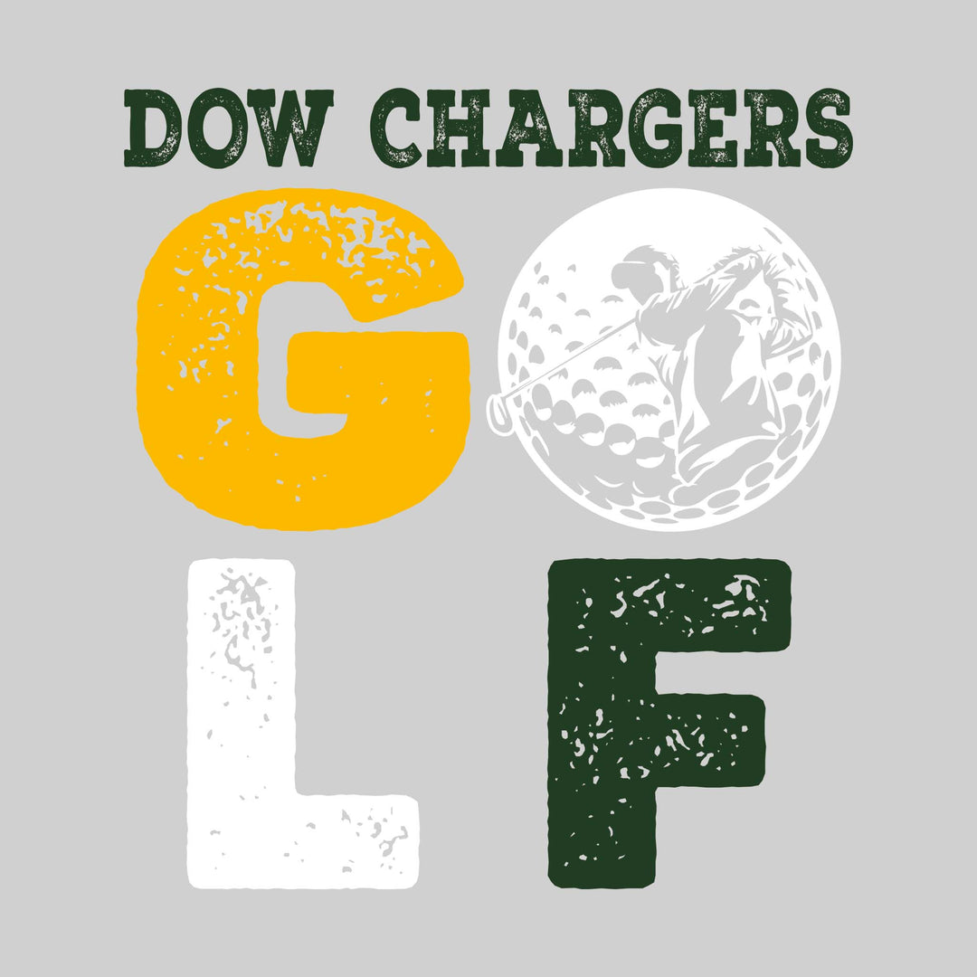 Midland Dow Chargers - Golf - Distressed Stacked Text with Male Golfer Silhouette in Golf Ball