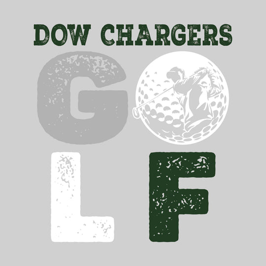 Midland Dow Chargers - Golf - Distressed Stacked Text with Male Golfer Silhouette in Golf Ball
