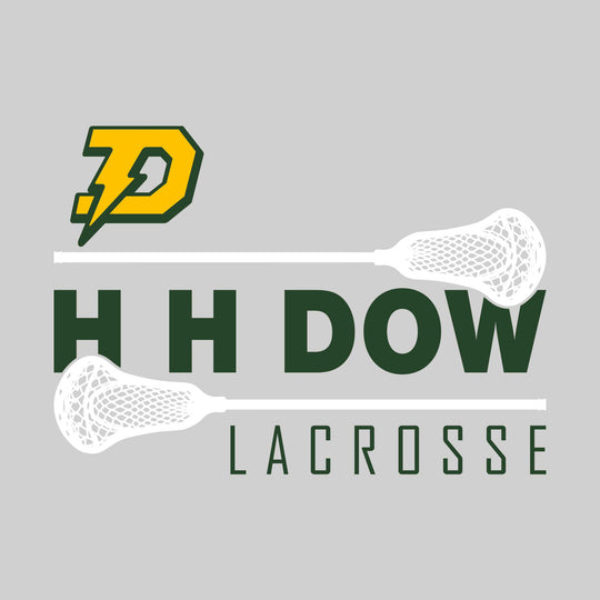 Midland Dow Chargers - Lacrosse - School Name Bracketed by Lacrosse Sticks with Mascot