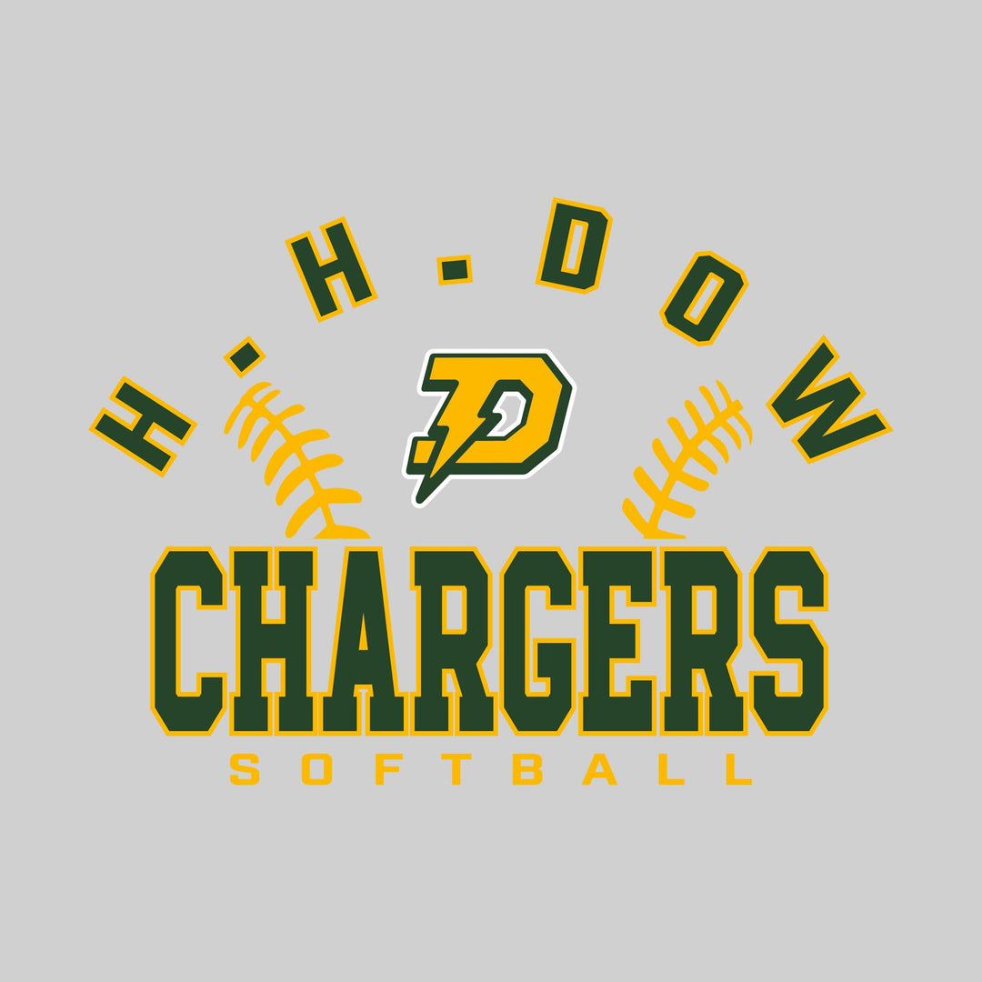 Midland Dow Chargers - Softball - Arched School Name with Softball Stitches &amp; Mascot