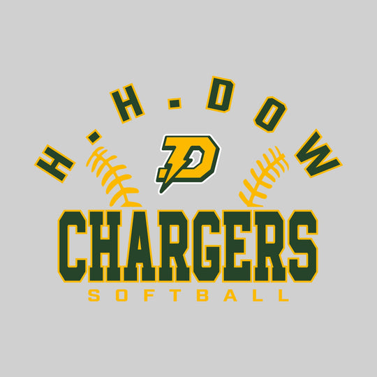 Midland Dow Chargers - Softball - Arched School Name with Softball Stitches &amp; Mascot