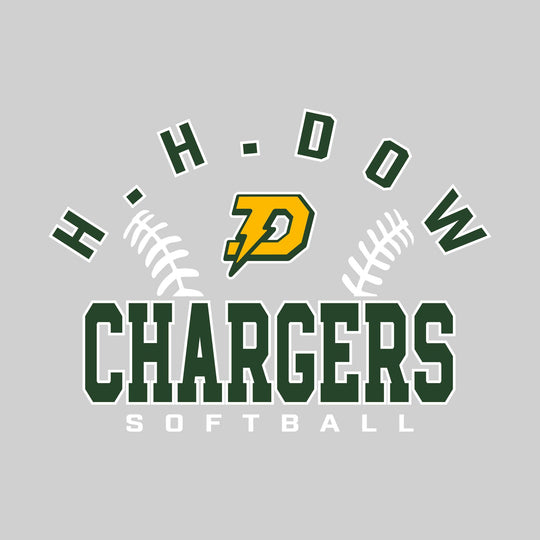 Midland Dow Chargers - Softball - Arched School Name with Softball Stitches &amp; Mascot