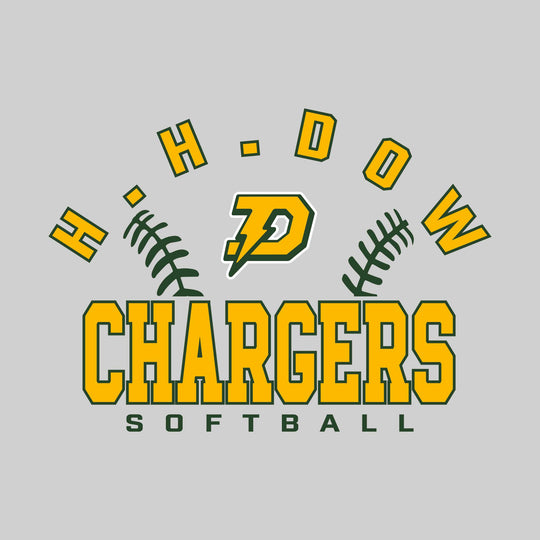 Midland Dow Chargers - Softball - Arched School Name with Softball Stitches &amp; Mascot