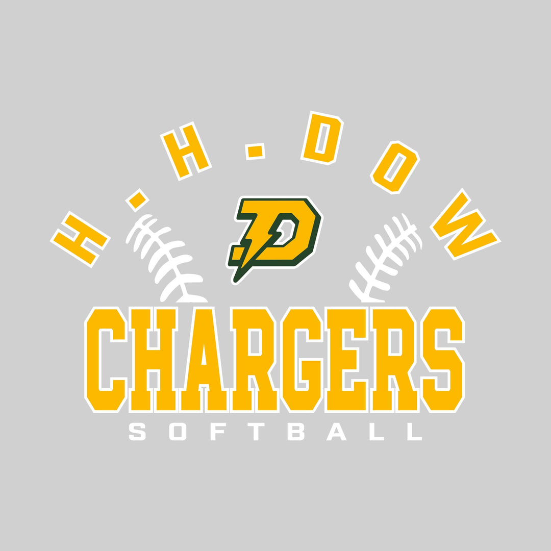 Midland Dow Chargers - Softball - Arched School Name with Softball Stitches &amp; Mascot