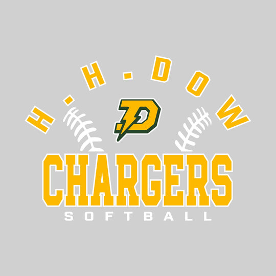 Midland Dow Chargers - Softball - Arched School Name with Softball Stitches &amp; Mascot