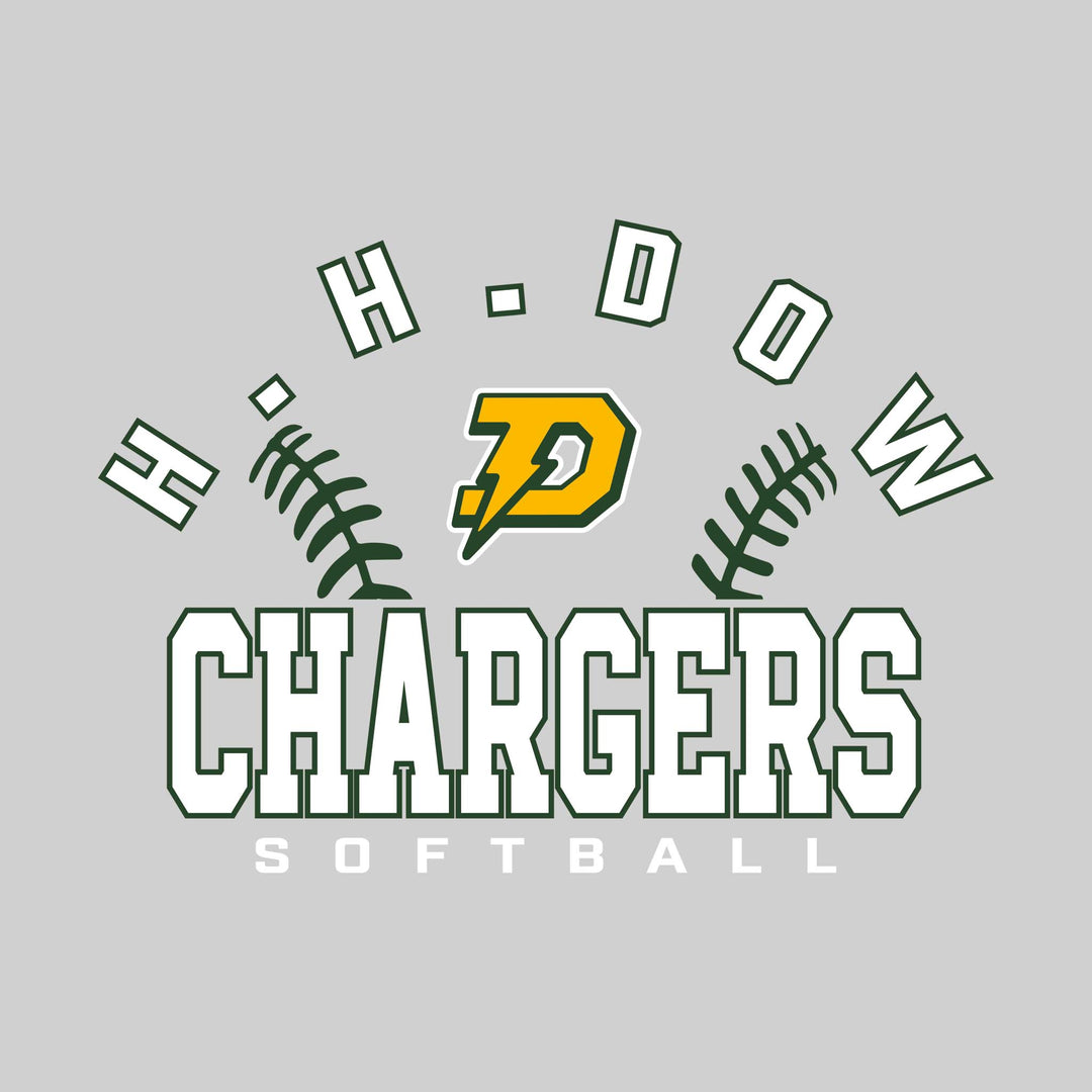 Midland Dow Chargers - Softball - Arched School Name with Softball Stitches &amp; Mascot
