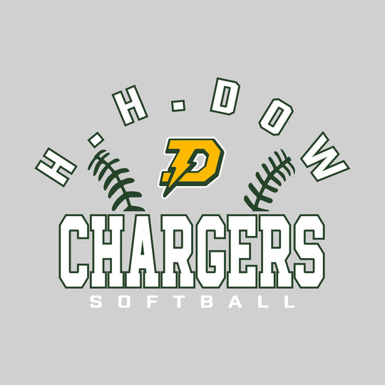 Midland Dow Chargers - Softball - Arched School Name with Softball Stitches &amp; Mascot