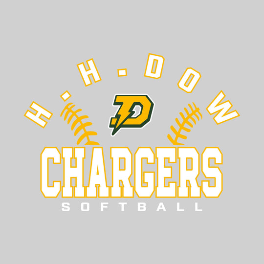 Midland Dow Chargers - Softball - Arched School Name with Softball Stitches &amp; Mascot