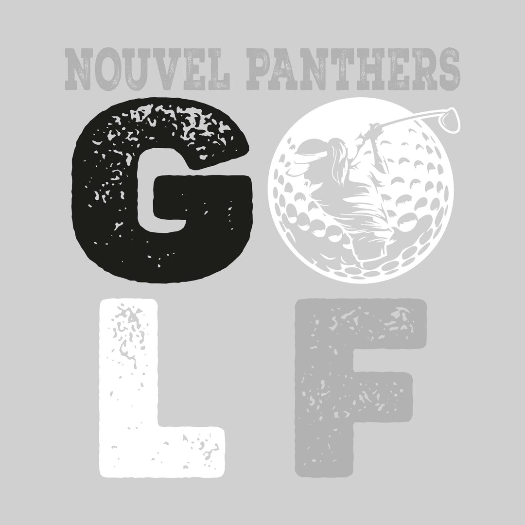 Nouvel Panthers - Golf - Distressed Stacked Text with Female Golfer Silhouette in Golf Ball