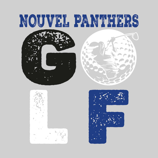 Nouvel Panthers - Golf - Distressed Stacked Text with Female Golfer Silhouette in Golf Ball