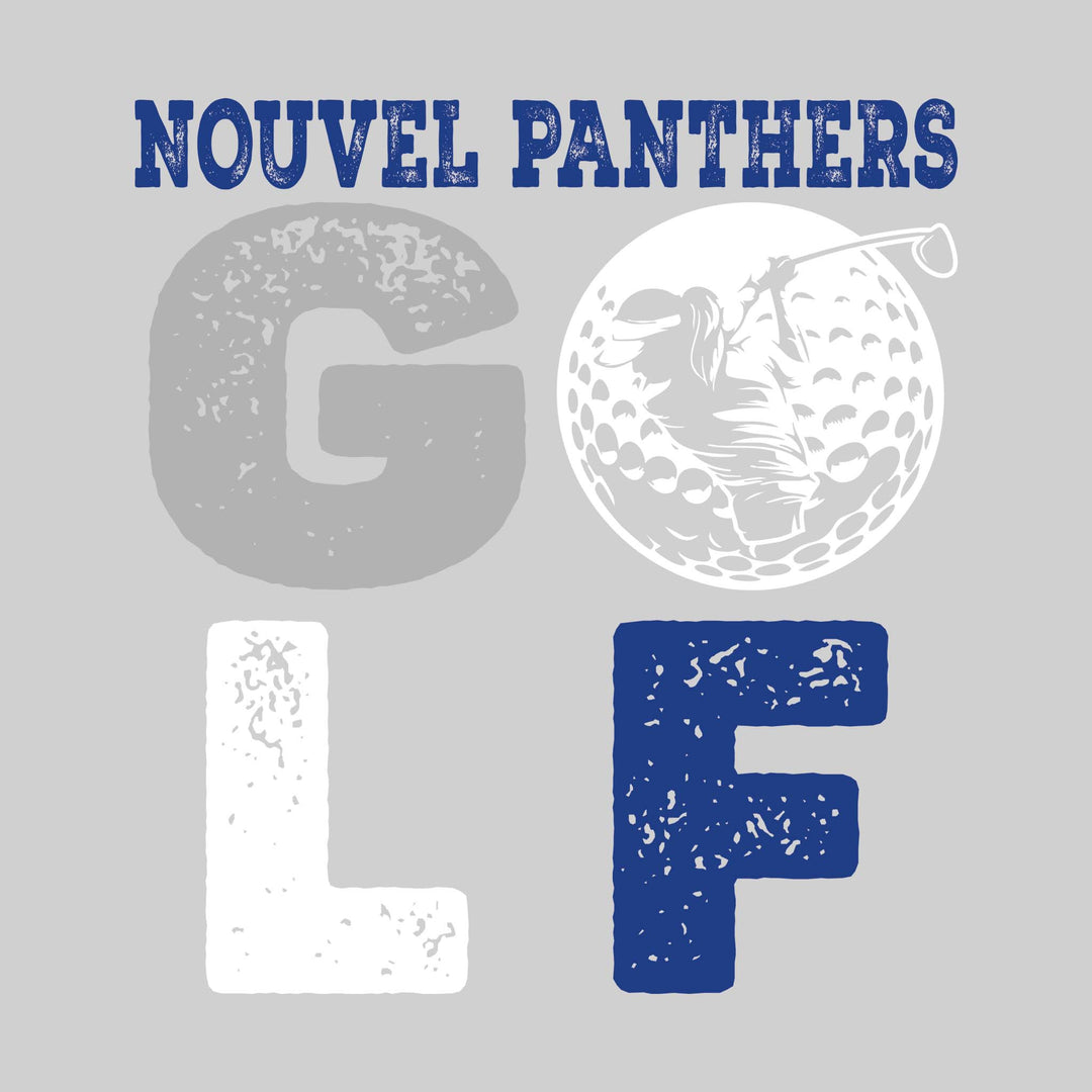 Nouvel Panthers - Golf - Distressed Stacked Text with Female Golfer Silhouette in Golf Ball