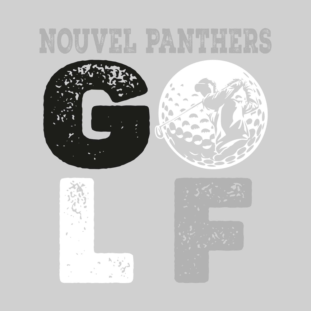 Nouvel Panthers - Golf - Distressed Stacked Text with Male Golfer Silhouette in Golf Ball