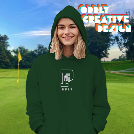 Pinconning Spartans - Golf - Outlined Letters Over Golf with Mascot